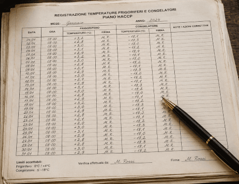 Registro HACCP cartaceo: registrazione temperature frigoriferi e congelatori compilato a mano